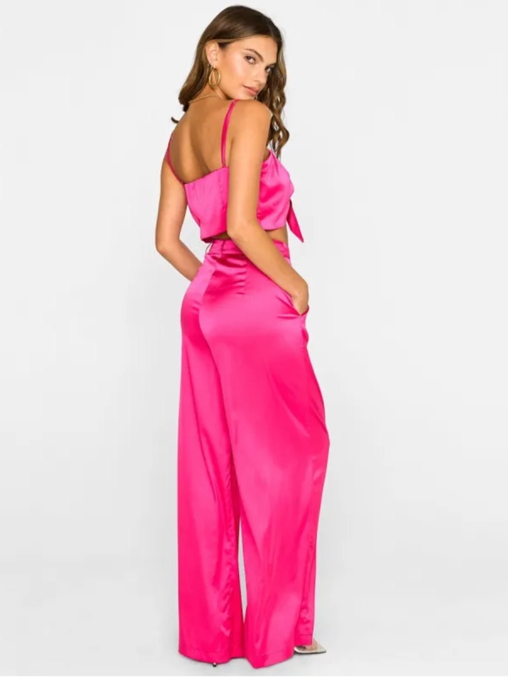 Beach Bunny Satin cropped top and Wide-Leg Pants in Fuchsia Pink Sz M